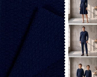 Marineblauwe structuurgebreide stof op maat gesneden, poly-elastisch stretchmateriaal voor combisets, boetiekjurken en heren-T-shirts