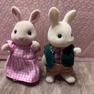 May include: Two toy rabbit figures. One rabbit wears a pink and white checkered dress. The other rabbit wears a red and white plaid shirt, green vest, and tan pants. Both have black eyes and white fur.