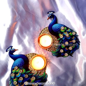 Paire de photophores paon : décoration festive Diwali Navratri