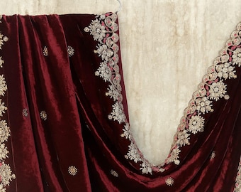 Maroon Zari Embroidered Velvet Dupatta, Bridal Dupatta,Velvet Shawl