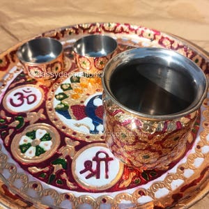 Peacock Meenakari Pooja Thali Set, Wedding Thali Set, Karvachauth Pooja thali, Steel Meenakari Thali Kalash Set, Home Aarti Plate