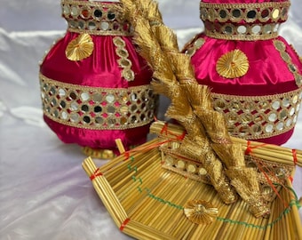 Juego de Jaggo de acero inoxidable con espejo, noche de Jaggo para bodas sijs, accesorios para ceremonias de Jaggo, Chanj/Ghadoli/Dande, Jaggo Matka, olla de acero
