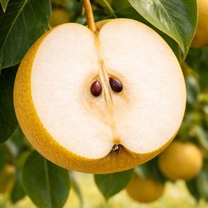 May include: A close-up of a halved Asian pear, showcasing its creamy white flesh and dark brown seeds. The pear's yellow skin is visible, with a slight blush. Green leaves and other pears are in the background, suggesting a tree.