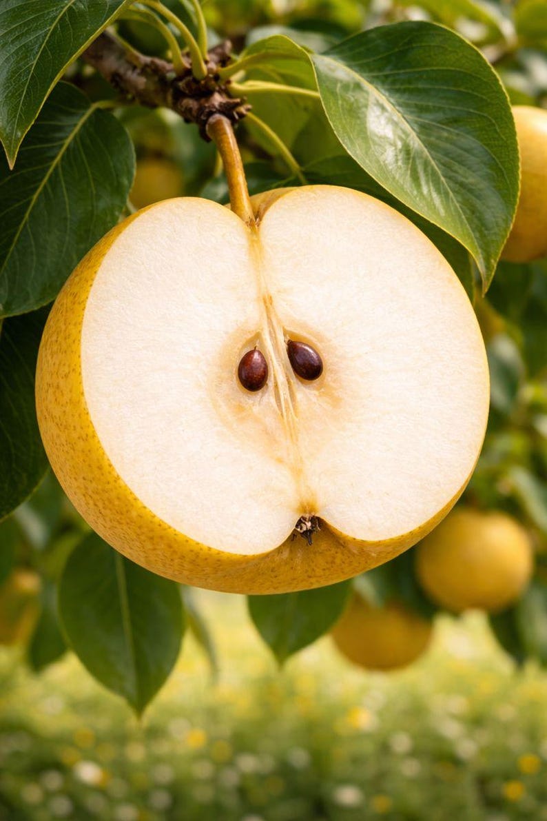 May include: A close-up of a halved Asian pear, showcasing its creamy white flesh and dark brown seeds. The pear's yellow skin is visible, with a slight blush. Green leaves and other pears are in the background, suggesting a tree.