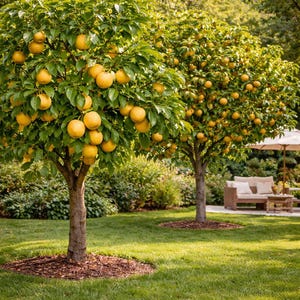 May include: Two fruit trees laden with ripe, yellow fruit stand in a lush green lawn. The trees have brown trunks and are surrounded by green foliage. The scene is set in a well-maintained garden with a seating area in the background.