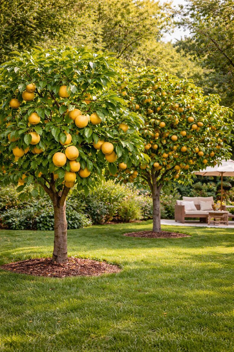 May include: Two fruit trees laden with ripe, yellow fruit stand in a lush green lawn. The trees have brown trunks and are surrounded by green foliage. The scene is set in a well-maintained garden with a seating area in the background.