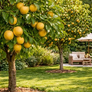 May include: A sunny outdoor scene featuring two fruit trees laden with ripe, yellow fruit. The trees have green leaves and brown trunks, set against a backdrop of green grass and a patio with seating. The image evokes a sense of a peaceful garden.