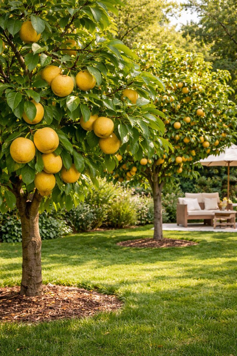May include: A sunny outdoor scene featuring two fruit trees laden with ripe, yellow fruit. The trees have green leaves and brown trunks, set against a backdrop of green grass and a patio with seating. The image evokes a sense of a peaceful garden.