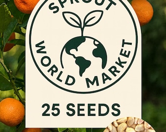 May include: Image of a citrus tree with ripe orange fruit. A circular logo with the text "SPROUT WORLD MARKET" and "25 SEEDS" is superimposed on the image. A close-up of seeds is in the lower right corner.