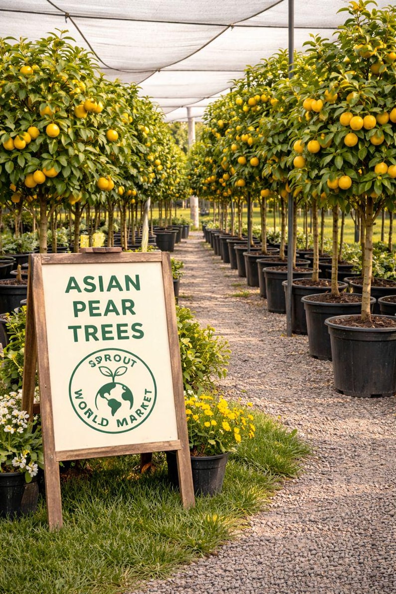 May include: An outdoor scene featuring rows of Asian pear trees laden with yellow fruit. A wooden sign in the foreground reads "Asian Pear Trees" and displays a "Sprout World Market" logo. The trees are in black pots, under a white canopy.
