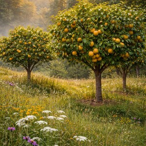May include: Scenic view of a grove of fruit trees laden with ripe, golden-yellow fruit. The trees stand in a field of tall green grass and wildflowers, with a soft, golden light filtering through the trees. The scene evokes a sense of tranquility and abundance.
