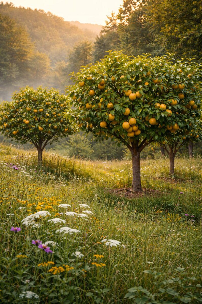 May include: Scenic view of a grove of fruit trees laden with ripe, golden-yellow fruit. The trees stand in a field of tall green grass and wildflowers, with a soft, golden light filtering through the trees. The scene evokes a sense of tranquility and abundance.