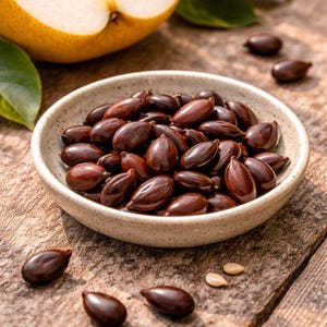 May include: A ceramic bowl filled with shiny, dark brown pear seeds sits on a rustic wooden surface. A slice of a yellow pear and green leaves are in the background. Several seeds are scattered around the bowl.