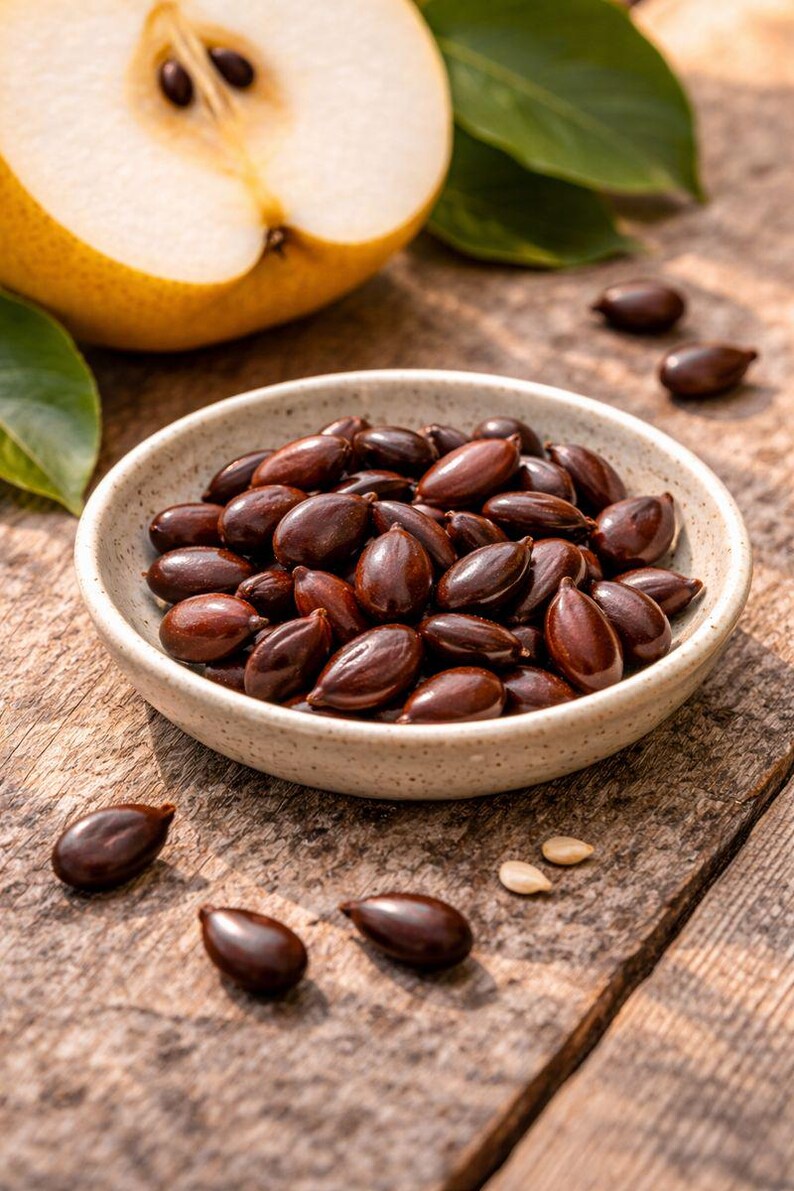 May include: A ceramic bowl filled with shiny, dark brown pear seeds sits on a rustic wooden surface. A slice of a yellow pear and green leaves are in the background. Several seeds are scattered around the bowl.