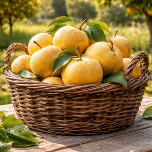 May include: A rustic woven basket overflowing with ripe, golden-yellow pears. The pears are speckled and have green leaves. The basket sits on a weathered wooden table, with a blurred background of trees and sunlight.