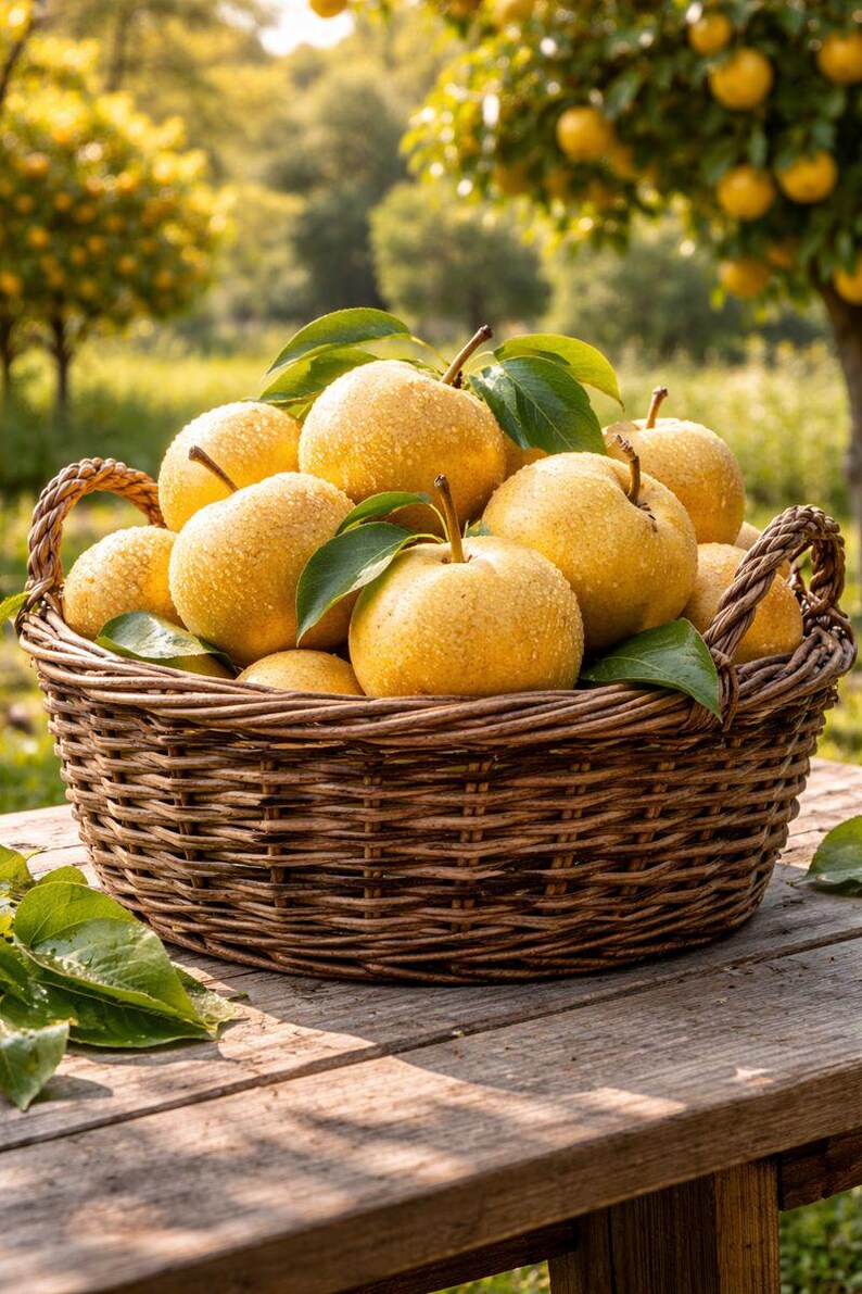 May include: A rustic woven basket overflowing with ripe, golden-yellow pears. The pears are speckled and have green leaves. The basket sits on a weathered wooden table, with a blurred background of trees and sunlight.