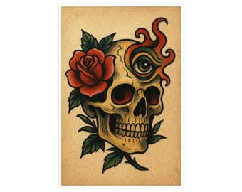 Vinyl Skull Rose Sticker: Rockabilly Bohemian Art