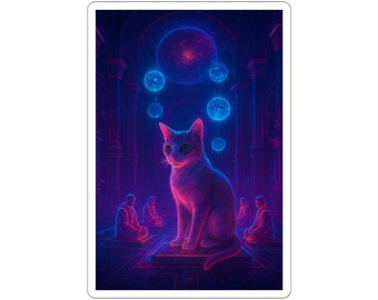 Cosmic Cat Kiss-Cut Stickers, Mystical Cat Artwork, Laptop Decal, Gift for Cat Lovers, Visionary Sticker, Fantasy Decor
