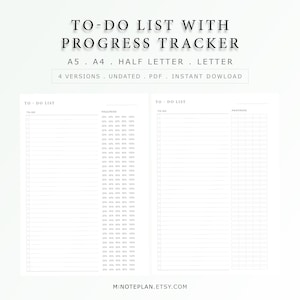 Pode incluir: Uma lista de tarefas pendentes branca com um rastreador de progresso. O texto na página diz "TO-DO LIST WITH PROGRESS TRACKER" e inclui opções para tamanhos A5, A4, Half Letter e Letter. O documento está disponível em 4 versões, sem data, PDF e download instantâneo.