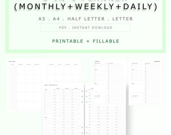 May include: A printable 3-in-1 planner with monthly, weekly, and daily layouts. The planner is available in A5, A4, half-letter, and letter sizes. The design includes a monthly calendar, weekly schedule, and daily planner pages. The text says "Printable + Fillable".