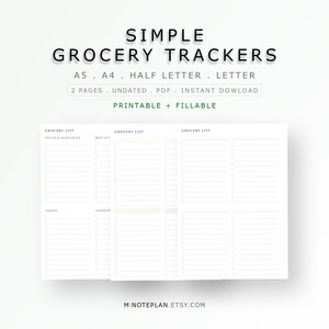 Op de afbeelding: Een afdrukbare boodschappenlijst met de tekst "SIMPLE GROCERY TRACKERS" in zwart. De tracker bevat secties voor groenten en fruit, vlees en vis en andere boodschappen. Beschikbaar in A5, A4, half letter en letter formaten.