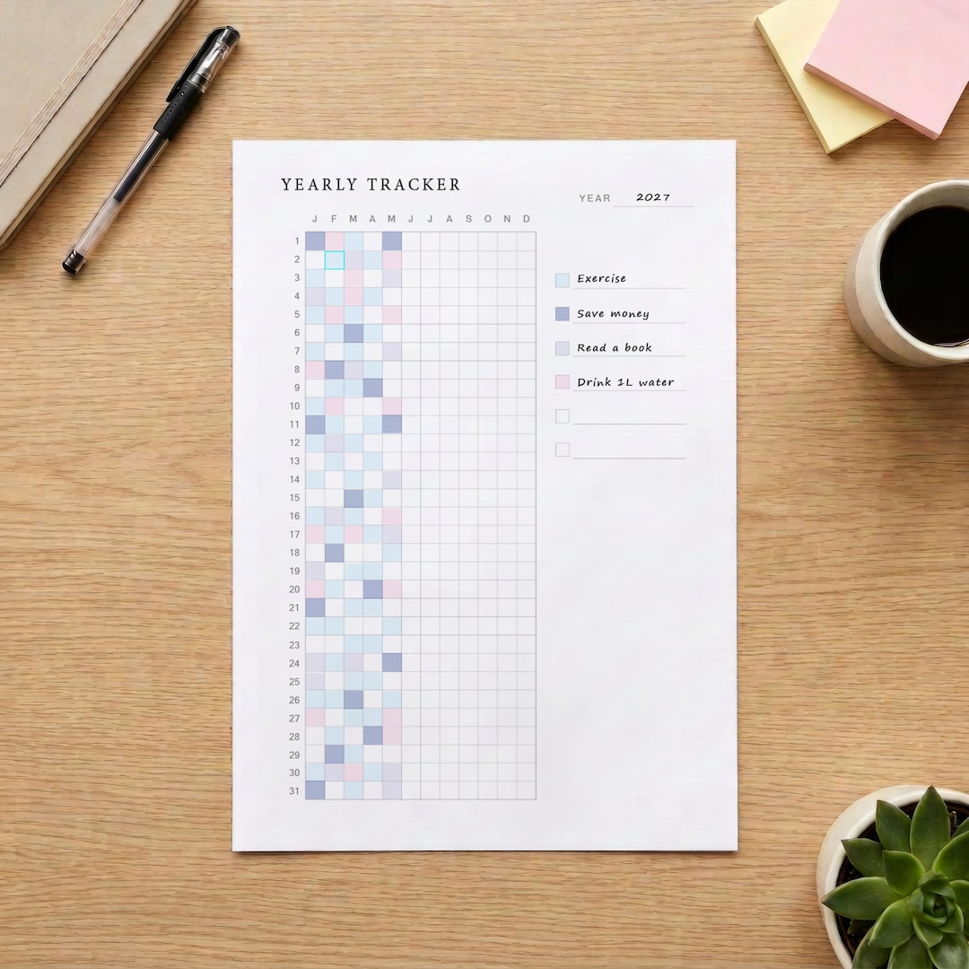 Yearly Tracker Printable | Annual Habit + Goal Tracker | Year at a ...
