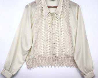 Vintage Fiji Sport Ivory Lace Blouse With Long Sleeves & Button Front Grannycore