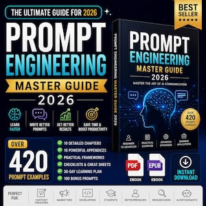 Op de afbeelding: Een digitaal boek getiteld Prompt Engineering Master Guide 2026 met een donkerblauwe achtergrond. De cover toont het silhouet van een lichtgevend blauw menselijk hoofd met een neuraal netwerkpatroon, tekst over 420 promptvoorbeelden en iconen voor PDF en EPUB.