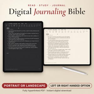 May include: A digital journaling Bible displayed on two tablets, one with a dark mode interface and one with a light mode interface, featuring the text of John 3. A white stylus rests below the tablets. Text reads Read Study Journal.