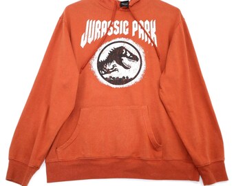 Vintage Y2K Jurassic Park Rust Orange Graphic Hoodie Large Cotton Blend