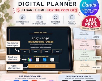 2027–2030 Digital Planner Hyperlinked PDF for Goodnotes iPad & Android 4-Year Planner 5 Themes, Reusable Pages Optional Canva Add-On