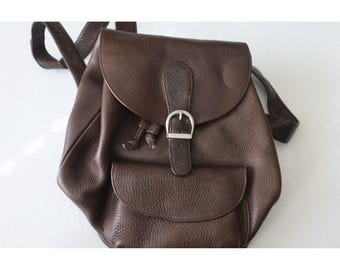 Y2K Vintage Eddie Bauer Pebbled Leather Backpack 90s Brown Rucksack Boho Daypack