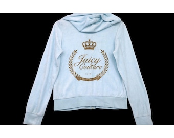Vintage Y2K Juicy Couture blauwe velours dameshoodie met rits en kroonlogo op de achterkant, maat M