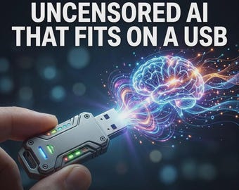 May include: A metallic USB flash drive with a rugged design and glowing indicator lights. The device emits a digital illustration of a glowing brain with colorful light trails. Text reads: AI TO USB, UNCENSORED AI THAT FITS ON A USB, ZERO INTERNET, ZERO TRACES.