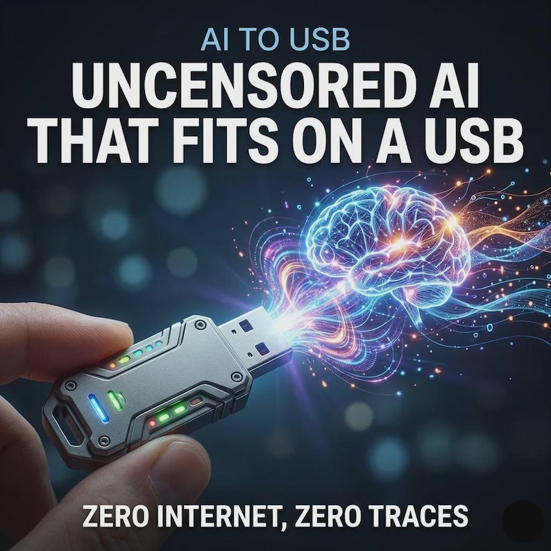 May include: A metallic USB flash drive with a rugged design and glowing indicator lights. The device emits a digital illustration of a glowing brain with colourful light trails. Text reads: AI TO USB, UNCENSORED AI THAT FITS ON A USB, ZERO INTERNET, ZERO TRACES.