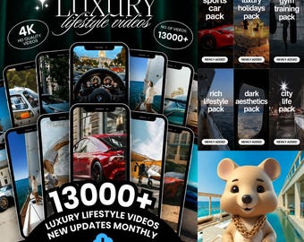 Pacote com mais de 13.000 Reels virais sobre estilo de vida luxuoso e sofisticado (MRR/PLR), Reels sem rosto, vídeos, carros de luxo, mulheres ricas em luxo, vídeos do TikTok e Instagram.