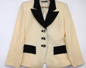 Vintage 80's Retro Career Cream Black Wool Blazer Princess Diana inspired Size M
