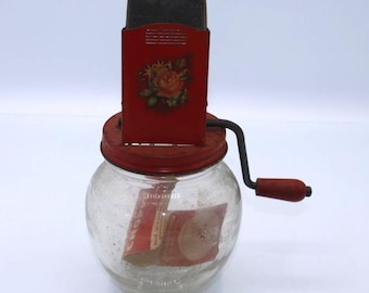 Vintage Red-And-Glass Androck Nut Meat Chopper With Hand Crank