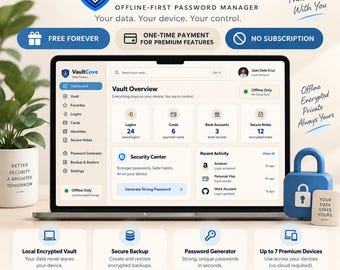 Offline Password Manager Chrome Extension, Encrypted Local Vault, Free Forever, One-Time Premium, No Subscription, Windows Mac Linux Digital