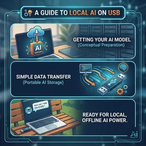 May include: An infographic titled A GUIDE TO LOCAL AI ON USB featuring three sections. It illustrates downloading AI software to a laptop, transferring data to a USB drive, and using a laptop with a USB drive to access offline AI power.