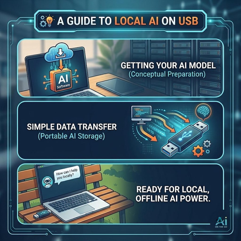 May include: An infographic titled A GUIDE TO LOCAL AI ON USB featuring three sections. It illustrates downloading AI software to a laptop, transferring data to a USB drive, and using a laptop with a USB drive to access offline AI power.