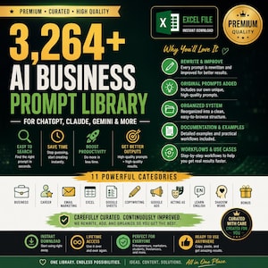May include: A digital product graphic titled 3,264+ AI Business Prompt Library for ChatGPT, Claude, Gemini & More. The layout features yellow and white text on a dark background, listing benefits, 11 categories, and icons for instant download.