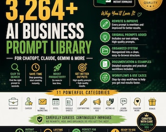 3,200+ AI Business Prompt Library for ChatGPT, Claude & Gemini | Excel Prompt Database | Marketing, Copywriting, Email Career