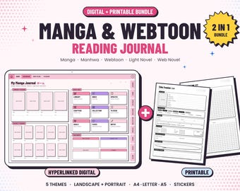 Manga Reading Journal Digital & Printable Bundle Manhwa Webtoon Web Comic Light Novel Tracker Hyperlinked PDF Planner 5 Themes Anime Fan