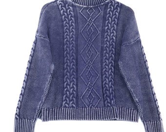 Vintage Y2K House Of Harlow 1960 Blue Cable Knit Sweater Medium Ribbed Trim Twee