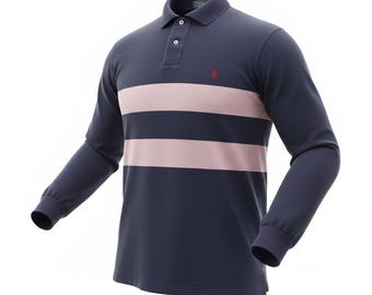 Y2K vintage retro polo Ralph Lauren marineblauw roze gestreept rugbyshirt L, lange mouw