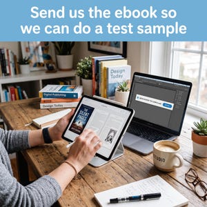May include: A tablet displaying an ebook titled The Silent Pages next to a laptop showing a file transfer notification. The text Send us the ebook so we can do a test sample is at the top. The workspace includes a coffee mug, a pen, and books.
