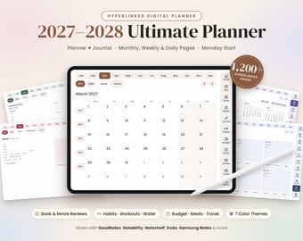 Digital Planner 2027 2028, Hyperlinked Planner Journal Daily Weekly Monthly Habit Tracker Budget Fitness Book & Movie Reviews Travel PDF