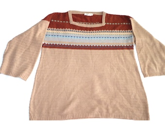 Hudson's Vintage 70s  Sweater Square Neck Colorblock Knit M Grandmacore