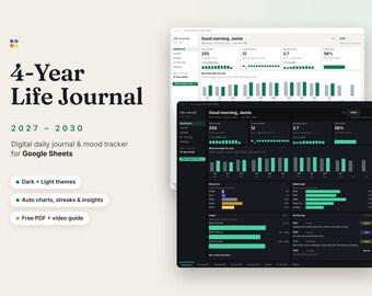 Digital Journal 2027-2030 for Google Sheets, Mood Tracker, Habit Tracker, Gratitude Journal, One Line a Day, 4 Year Planner, Dark & Light